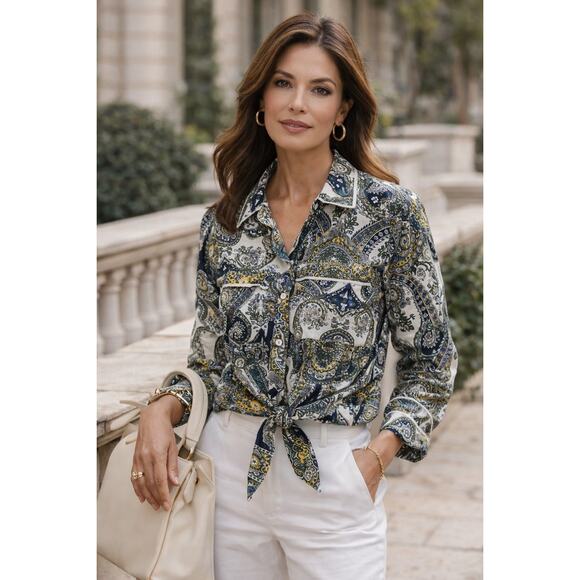 Magaschoni Tops - Magaschoni 100% Linen Paisley Button-Front Tie Shirt Blouse M Quiet Luxury